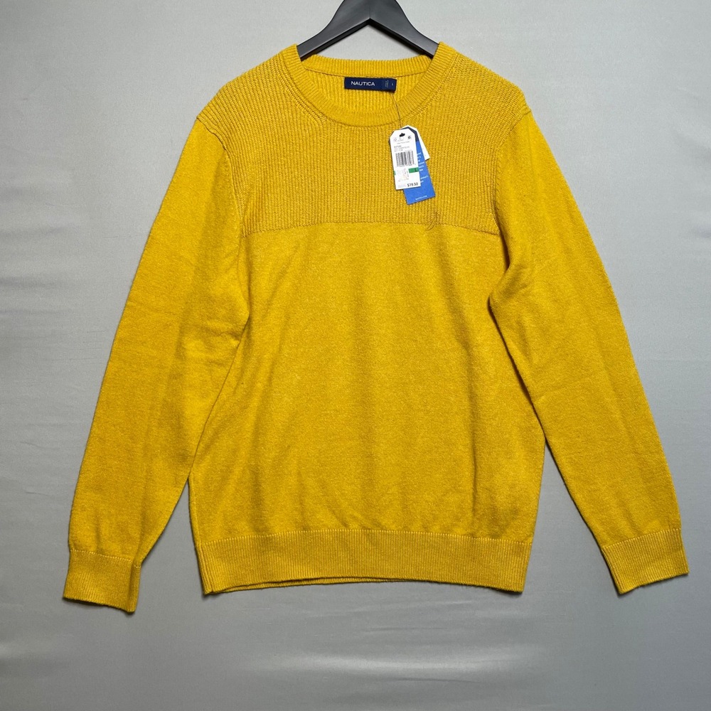 Nwt Nautica Women's Yellow Crew Neck Textured Knit Sweater Long Sleeve Size L